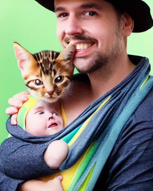 Prompt: gentlemen wearing a hat and wearing a baby sling on the back with a kitten in the sling, color studio portrait, golden ratio, backlit, happy, detailed eyes