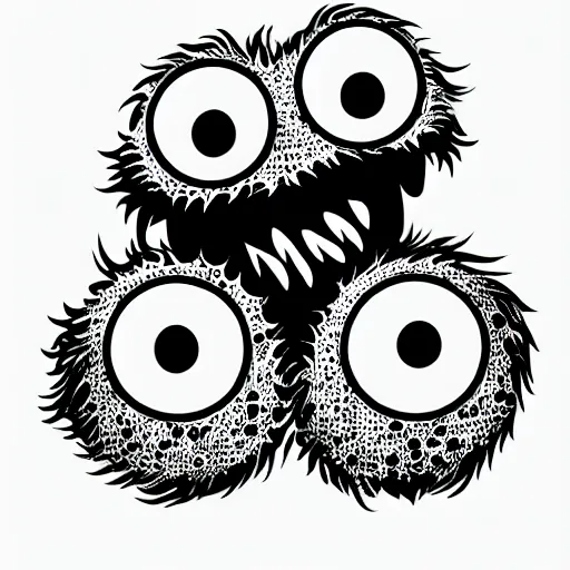 Image similar to book illustration of cookie monster with eight eyes, book illustration, monochromatic, white background, black and white image