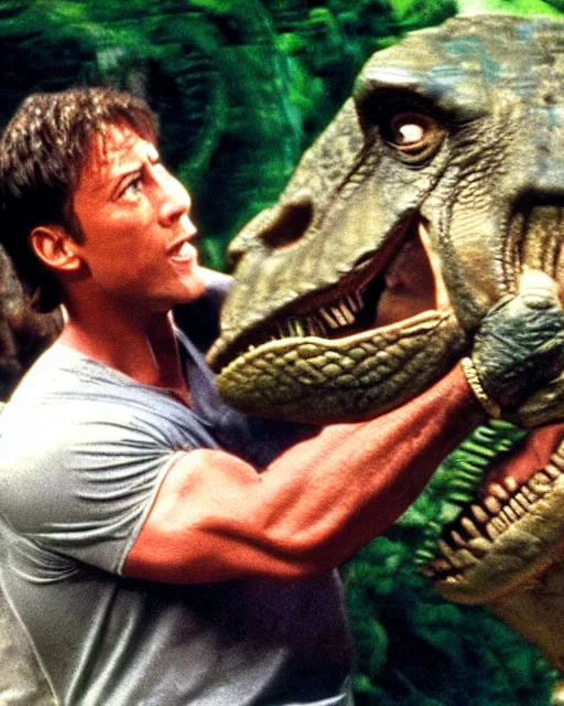 Prompt: Film still close-up shot of Dwayne Johnson petting a dinosaur in the movie Jurassic Park. Dwayne Johnson. Photographic, photography