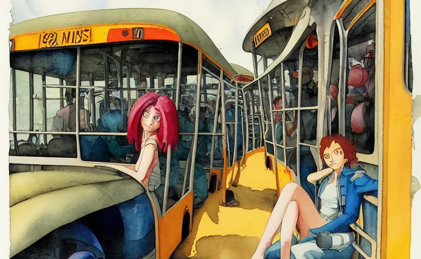 Prompt: bus, colorful watercolor. by rembrant, battle angel alita, ralph mcquarrie, aluminum, 1 6 6 7