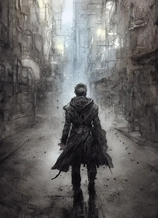 Image similar to portrait, The last spark of color lays in the heart of a poet walking through a grey world, watercolor, dramatic lighting, cinematic, establishing shot, extremely high detail, foto realistic, cinematic lighting, pen and ink, intricate line drawings, by Yoshitaka Amano, Ruan Jia, Kentaro Miura, Artgerm, post processed, concept art, artstation, matte painting, style by eddie mendoza, raphael lacoste, alex ross