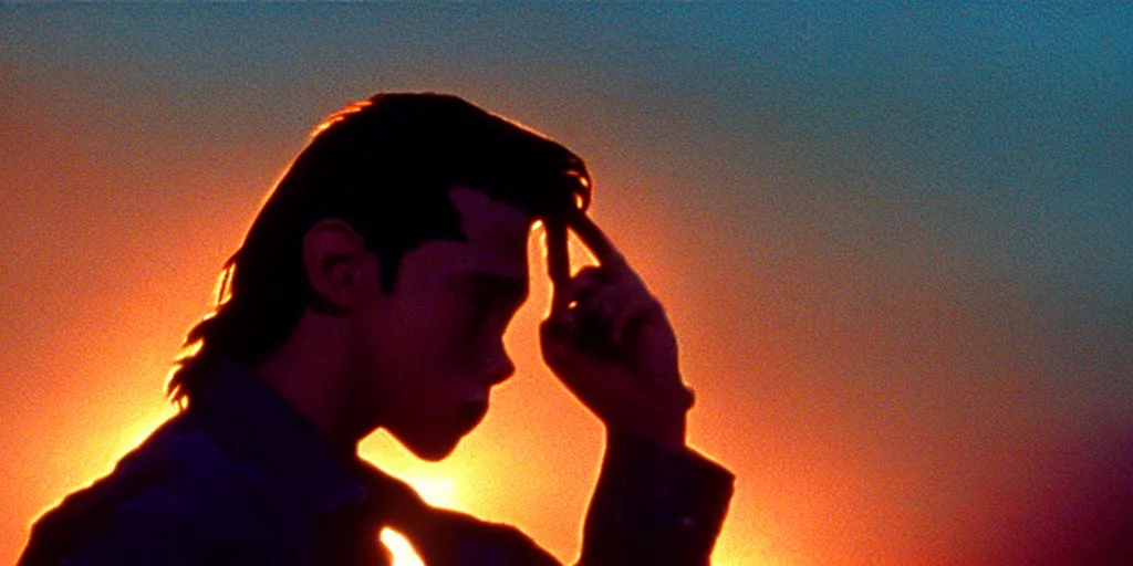 Prompt: the sunset's light beams through a window, tommy 1 6 years old, clasps his bangs in one hand, a pencil in the other. he thinks, action pose, medium close up shot, depth of field, sharp focus, waist up, movie scene, anamorphic, costume art direction style from the movie the outsiders