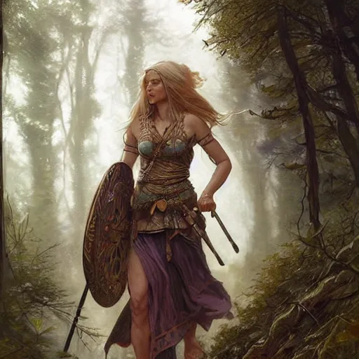 Image similar to The viking goddess Freya walking near a forest in spring season, athletic , gorgeous, beautiful, intricate, highly detailed, digital painting, artstation, concept art, sharp focus, illustration, art by greg rutkowski and alphonse mucha