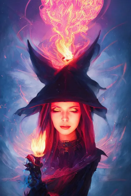 Image similar to a fancy portrait of a beautiful dark magician girl with a large witches hat covered in coloured flames by Greg Rutkowski, Sung Choi, Mitchell Mohrhauser, Maciej Kuciara, Johnson Ting, Maxim Verehin, Peter Konig, final fantasy , mythical, 8k photorealistic, cinematic lighting, HD, high details, atmospheric,