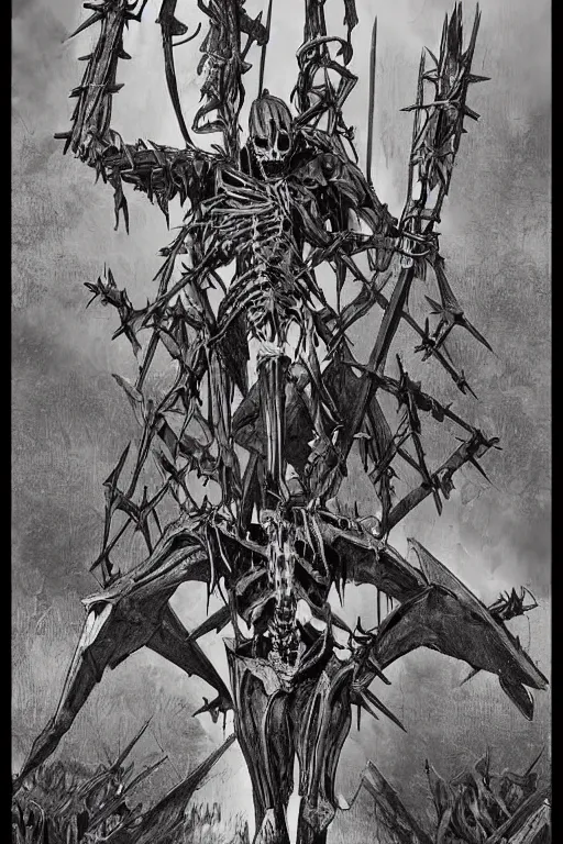 Prompt: Poster Illustration by Jeremy Jarvis of a skeletal abomination with barbed spikes. It's of royal lineage no doubt. More than anything, it wants to praise its obscure god through combat, constructing idols from the slain.