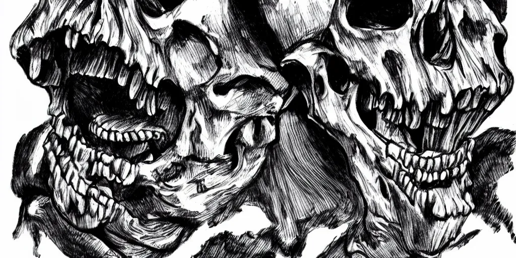 Image similar to ink lineart drawing of a screaming skull on a white background, crosshatch, chinese brush pen illustration, high contrast, deep black tones, contour