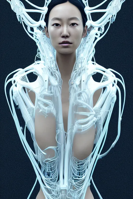 Image similar to young asian woman, iris van herpen, beautiful face, perfect symmetrical body, full body shot, inflateble shapes, wires, tubes, veins, jellyfish, white biomechanical details, wearing epic bionic cyborg implants, masterpiece, intricate, biopunk, vogue, highly detailed, artstation, concept art, cyberpunk, octane render