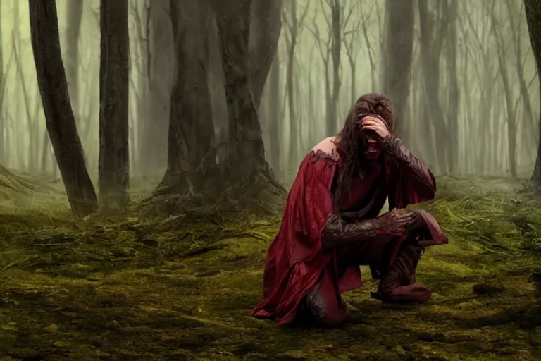 Image similar to still from a fantasy movie, a warlock on his knees crying, looking up, red eyes from crying, forest in the background, muted colors, 8 k, cinematic, very detailed face, hyperrealistic, movie still frame, promotional image, imax 7 0 mm footage