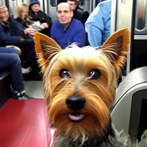 Image similar to yorkie dog taking a selfie in a subway train with angry homeless people behind him, realistic photo