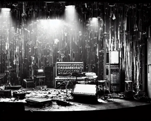 Prompt: diorama of a stage at a basement club, muted lights, broken vintage computers and cables, scattered glass shards, centered, composition by Tom Waits, 8k, concert documentary, b&w photography, cinematography by Jim Jarmusch, set design by Hundertwasser