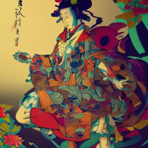 Image similar to james jean style, utagawa kunisada style, vfx art, unreal engine render, claymation style, colourful, volumetric light, digital painting, digital illustration, dramatic light,