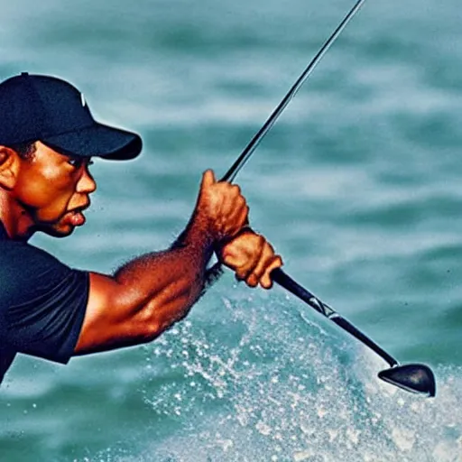 Prompt: a close up cinematic film still of tiger woods in the jaws