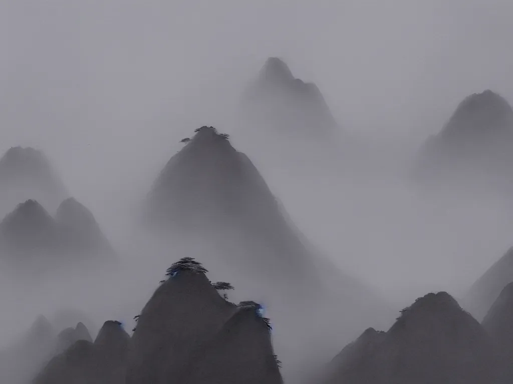 Prompt: landscape painting of huangshan on a foggy day by shenzhou 沈 周