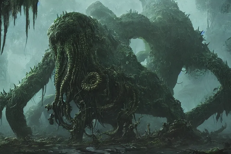 Prompt: huge jungle slime monster, apocalyptic goo creature, eldritch horror, character art by Greg Rutkowski, 4k digital render