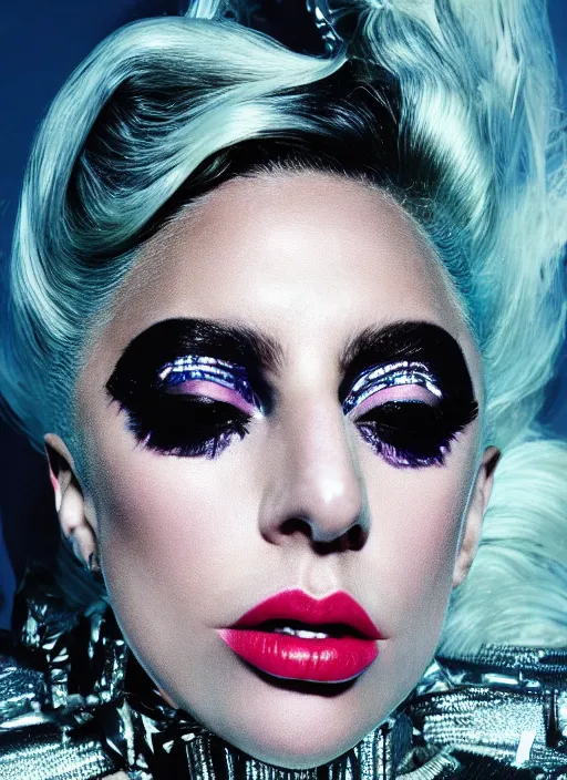 Prompt: lady gaga styled by nick knight posing in an futuristic setting , vogue magazine, Highly realistic. High resolution. Highly detailed. Dramatic. 8k.4k.