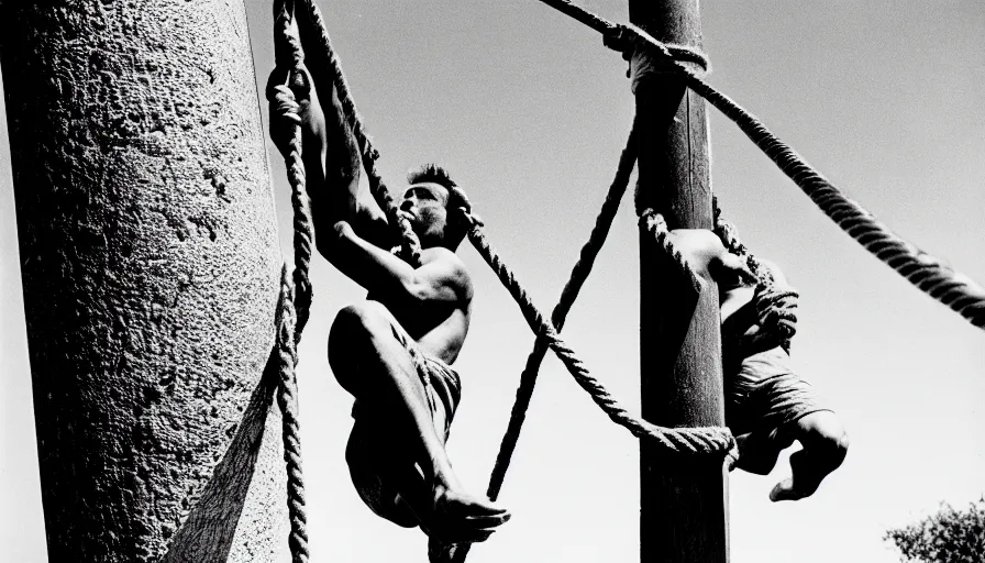 Image similar to 1 9 6 0 s movie still close - up of marcus atilius regulus'face tied with ropes at a pole with wide - open eyes looking directly at the burning sun, his eyes are bleeding intense, cinestill 8 0 0 t 3 5 mm b & w, high quality, heavy grain, high detail, texture, dramatic light