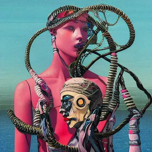 Image similar to Tristan Eaton & Greg Rutkowski, award winning masterpiece with incredible details, Zhang Kechun, a surreal vaporwave vaporwave vaporwave vaporwave vaporwave painting by Thomas Cole of an old pink mannequin head with cables and wires coming out of it's neck, sinking underwater, highly detailed