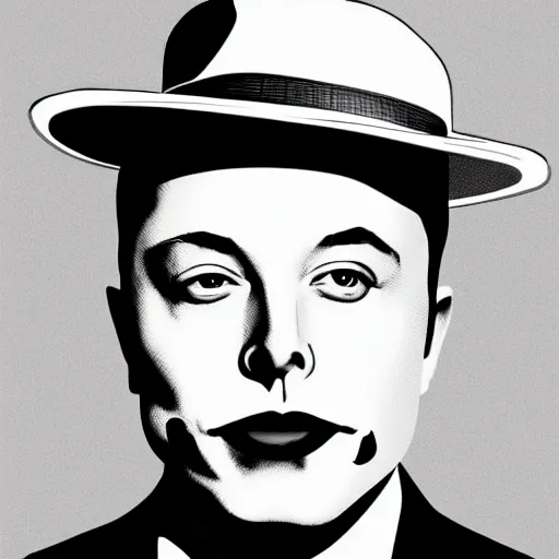 Image similar to a glamorous black and white portrait of elon musk with a hat, in the style of george hurrell