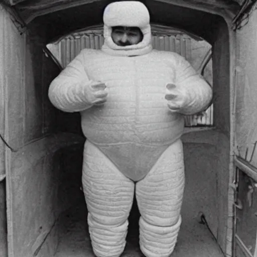 Image similar to photo of the real life Michelin man captured in Saddam Husseins final hiding place