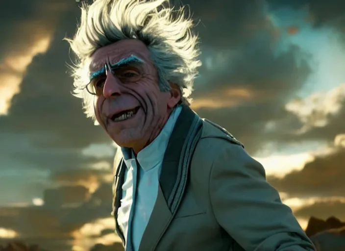 Image similar to film still of rick sanchez in the new scifi movie, 4 k, highly intricate, hyper realistic