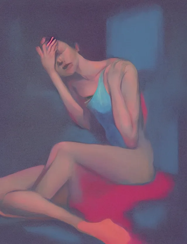 Prompt: woman sits in a dark room fool of tv screens at home, blue rays from tv, redshift, wide shot, coloured polaroid photograph, pastel, kodak film, hyper real, stunning moody cinematography, by maripol, fallen angels by wong kar - wai, style of suspiria and neon demon, david hockney, detailed, oil on canvas