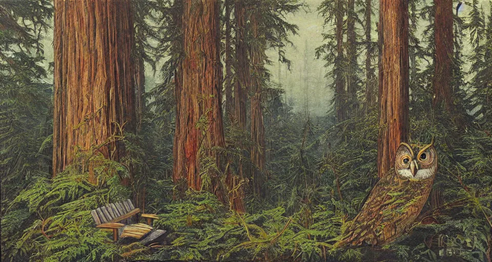 Image similar to epic painting of a coastal redwood forest, an owl sits on a park bench in the lower right, Joachim Patinier