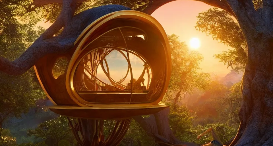 Prompt: An incredibly beautiful scene from a 2022 sci-fi film featuring a cozy art nouveau reading nook in a fantasy treehouse. Golden Hour. 8K UHD.