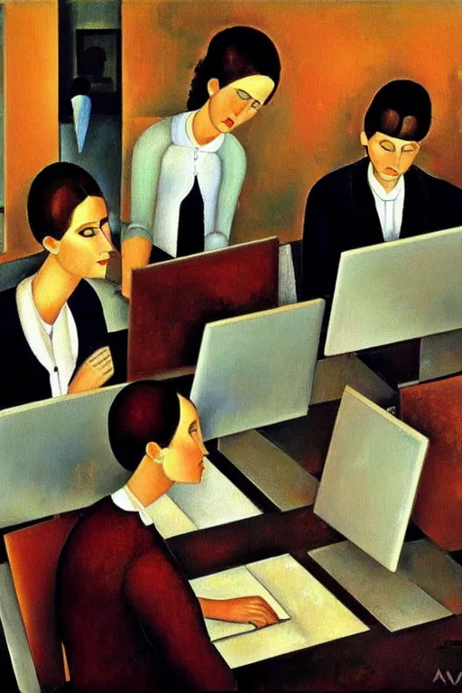 Prompt: oil painting highly detailed computer workers in office painted by amadeo modigliani