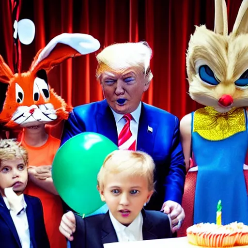 Image similar to Donald trump dressed as bugs bunny spying on children at a birthday party