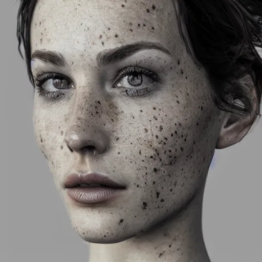 Prompt: sharp eyed beautiful brunette woman with freckles looking at me, photo realistic, highly detailed, 8k, concept art