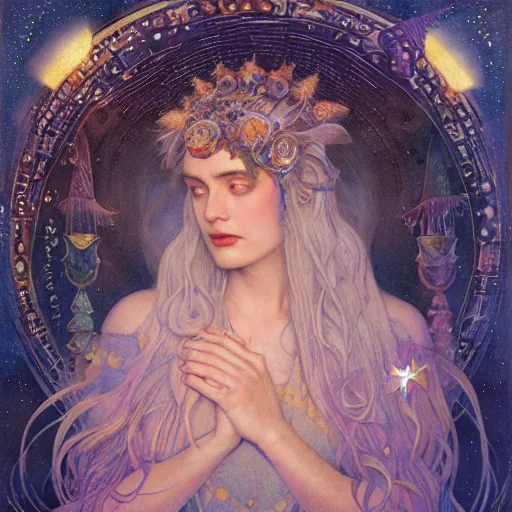 Image similar to queen of the moon with stars in her hair, by tino rodriguez and annie swynnerton and nicholas roerich and jean delville and donato giancola and tom bagshaw and evelyn demorgan, dramatic lighting, floral tattoos, rich colors, smooth sharp focus, extremely detailed, adolf wolfli