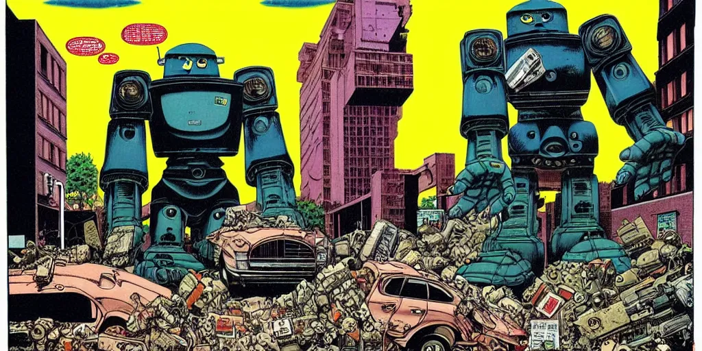 Image similar to Giant robot walking down a street while smoking giant blunt, a crushed car is under the foot of the giant robot by Richard Corben