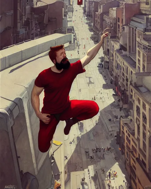 Image similar to wide angle of attractive red - headed bearded man wearing a white t - shirt levitating over the street below, arms spread wide, highly detailed, digital painting, artstation, concept art, smooth, sharp focus, illustration, art by artgerm, greg rutkowski, alphonse mucha, j. c. leyendecker