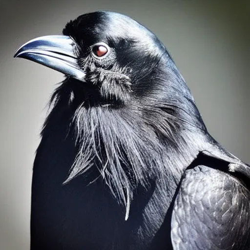 Image similar to “a raven looks at the camera. full of personality and charisma. Striking features and pose.”