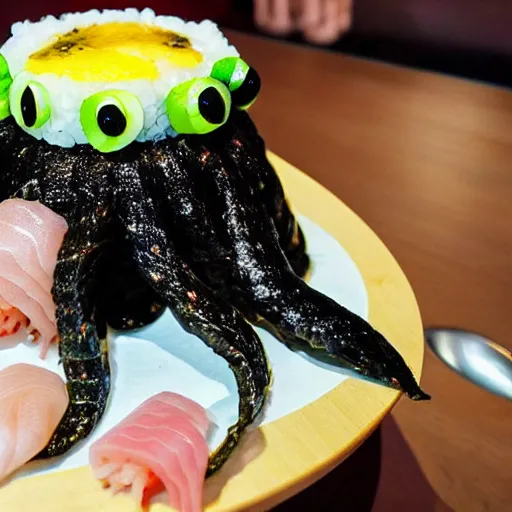 Image similar to an octopus gleefully transforms himself into sushi and sashimi