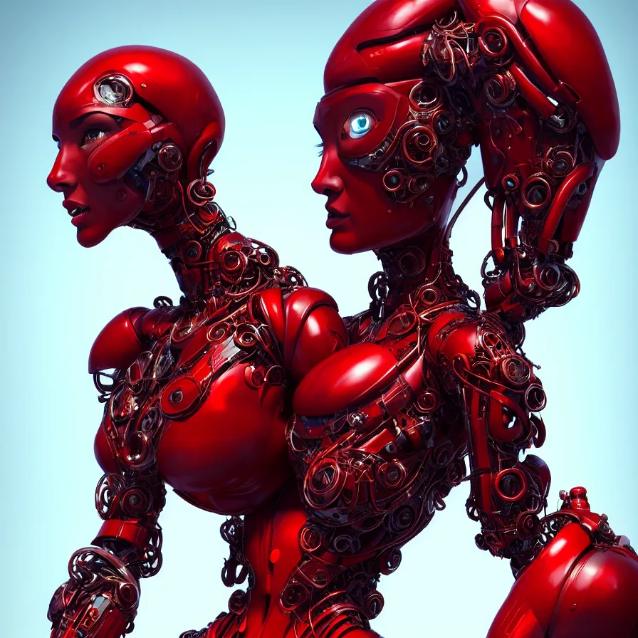 Image similar to portrait, super hero pose, woman red biomechanical dress, inflateble shapes, wearing epic bionic cyborg implants, masterpiece, intricate, biopunk futuristic wardrobe, highly detailed, art by akira, mike mignola, artstation, concept art, background galaxy, cyberpunk, octane render