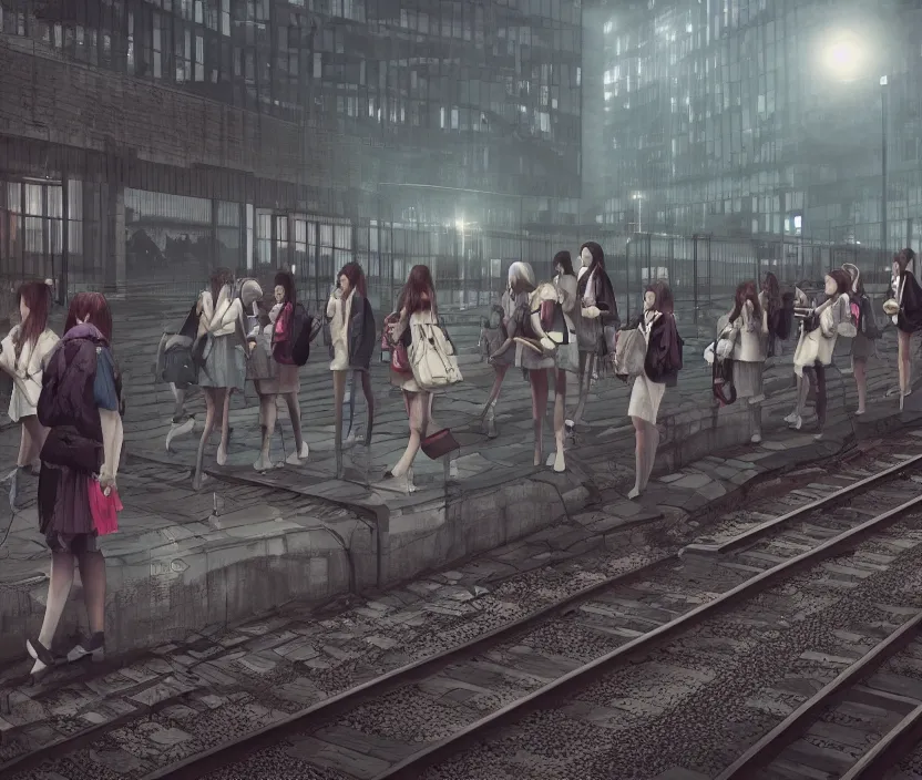 Prompt: School girls waiting on a urban train station, gloomy and foggy atmosphere, octane render, artstation trending, horror scene, highly detailded