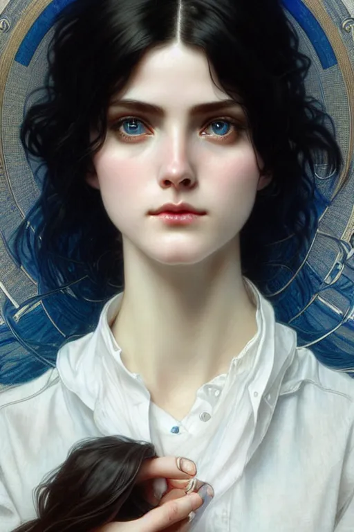 Image similar to ultra realistic, Beautiful black haired woman, Porcelain white complexion, big blue eyes, cute small lips., wearing jeans and white blouse, whip in hand, intricate details, eerie, highly detailed, octane render, 8k, art by artgerm and alphonse mucha and greg rutkowski