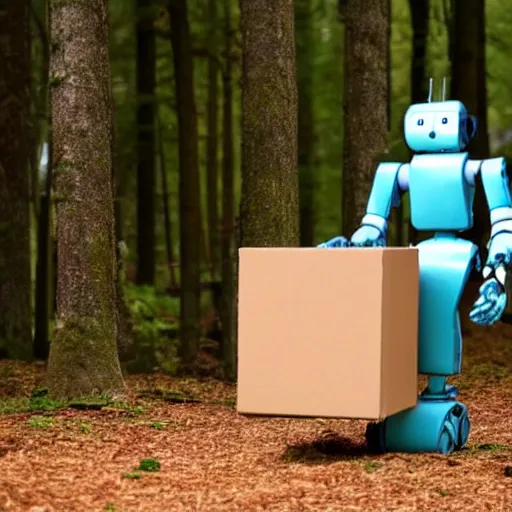 Image similar to robot made of a cardboard box, walking through the forest