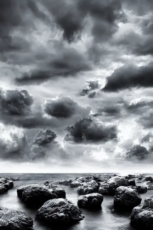 Image similar to a stormy sea shore with brutalist giant architectural rocks, grey tones, 8k resolution, dramatic sky, 3D, depth of field, futuristic , detailed digital art