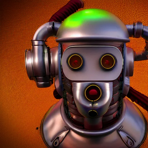 Image similar to a claymodel of a dieselpunk rococo spaced out robot head wearing multicolored tubes, 8 k, front view, symetrical, flourescent colors, halluzinogenic, multicolored, exaggerated detailed, front shot, 3 d render, octane