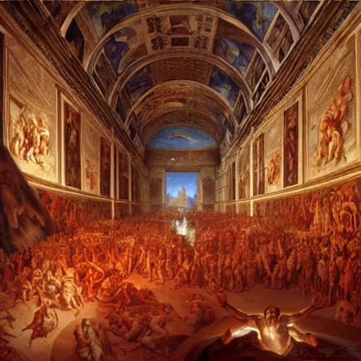 Prompt: the sistine chapel's ceiling is broken in half as a red magical portal from hell opens up, lucifer morningstar emerges along with a few demons, the priests and the pope look at the scene with terror in their eyes. highly detailed painting by gaston bussiere, greg rutkowski, craig mullins 8 k