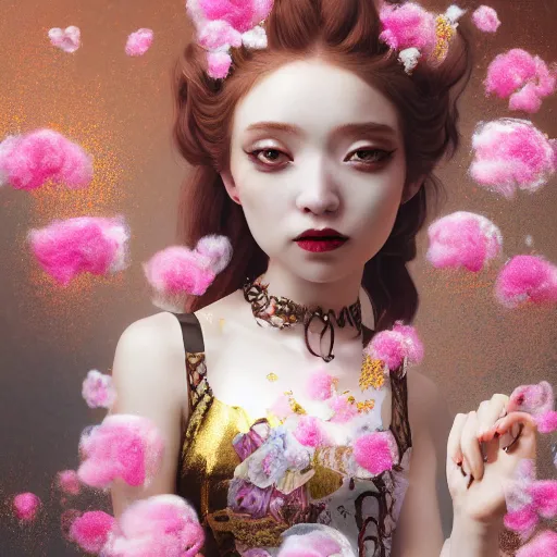 Image similar to 8 k, octane render, realism, tonalism, renaissance, rococo, baroque, portrait of a young - lady wearing long - harajuku manga - dress with flowers! and skulls, background chaotic gold leaf flowers, cotton candy!!