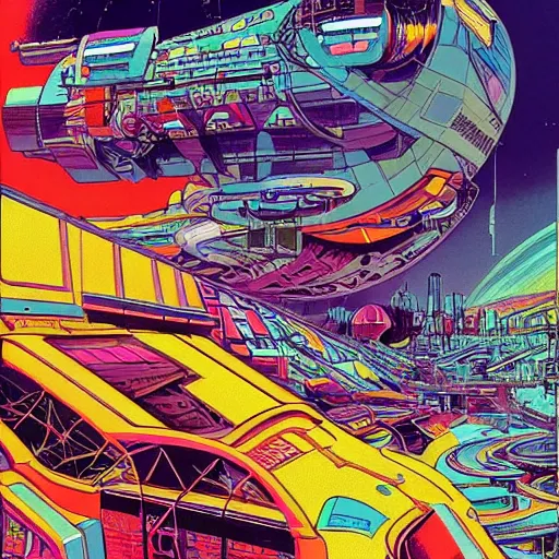 Prompt: a vibrant science fiction 7 0's scifi art scene by matteo scalera, highly detailed, remodernism, cel - shaded, colored screentone, digitally enhanced.