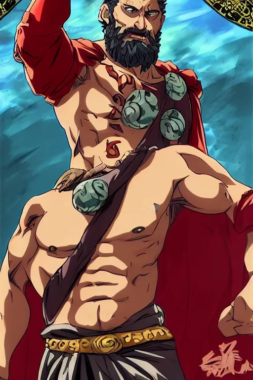 Image similar to Bearded handsome-spartan man Gerard-butler wearing red-cape, bodybuilder posing, portrait, JoJo cover art, JoJo anime style, David Production, style of Vento Aureo cover art, style of Stone Ocean cover art, style of Steel Ball Run cover art, style of JoJolion cover art, Ilya Kuvshinov style, Alexandra Fomina ArtStation, illustrated by Hirohiko Araki