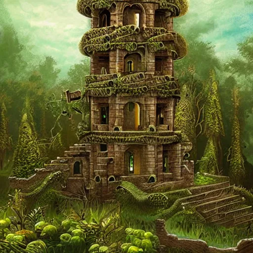 Image similar to ruins of a tower covered in creepers, beautiful, intricate, detailed, digital art painting