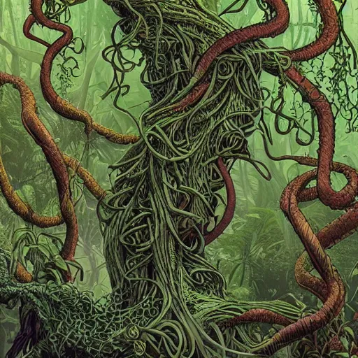 Image similar to EXTREMELY DETAILED TWISTED DENSE vegetation stunning jungle beautifully-rendered verdant green ENT NYMPH twisting winding knotted tangled vines and trees by moebius by James Jean, by Mike Mignola comic graphic novel style action illustration COMPLICATED INTRICATE BUSY, gritty textured, trending on artstation