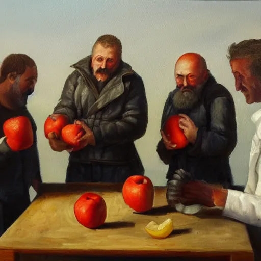 Prompt: oil painting of scientists comparing apples and oranges,