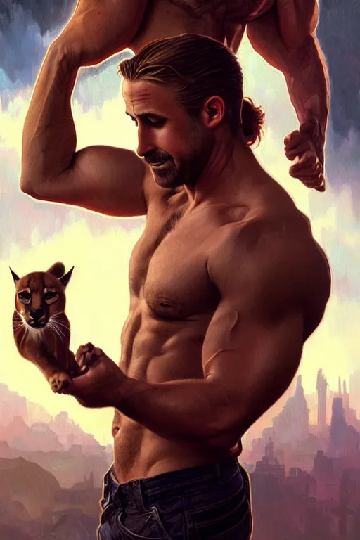 Prompt: Muscular Ryan Gosling holding cute caracal, portrait, sci-fi, fantasy, intricate, elegant, highly detailed, digital painting, artstation, concept art, smooth, sharp focus, illustration, art by artgerm and greg rutkowski and alphonse mucha