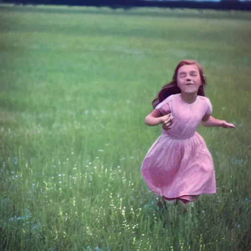 Image similar to kodachrome photo of a girl running through a field, in a dress, vintage, faded image, color bleed, grainy, motion blur, 1960s, 1950s